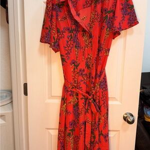 Nanette Lepore Red Floral Midi Dress with Tie Waist